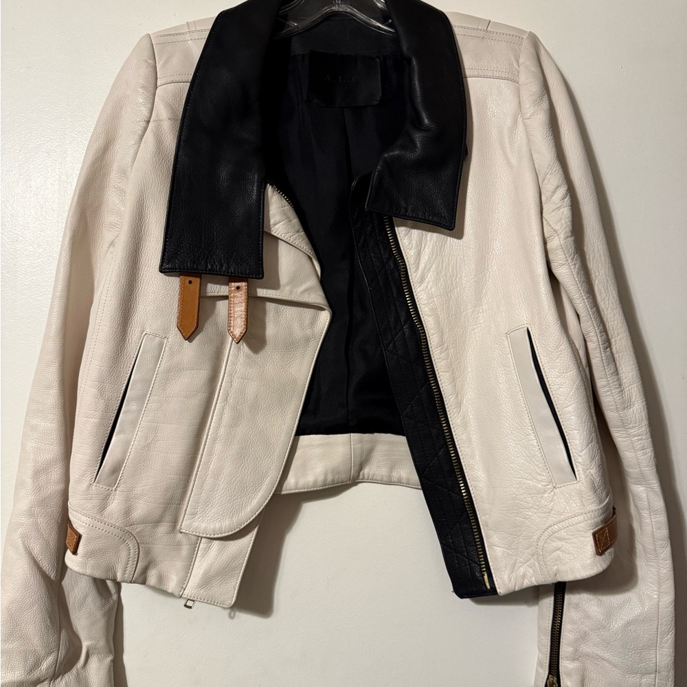 ALC Ivory Cream Genuine Pebbled Leather Biker Style
Buckles Jacket
